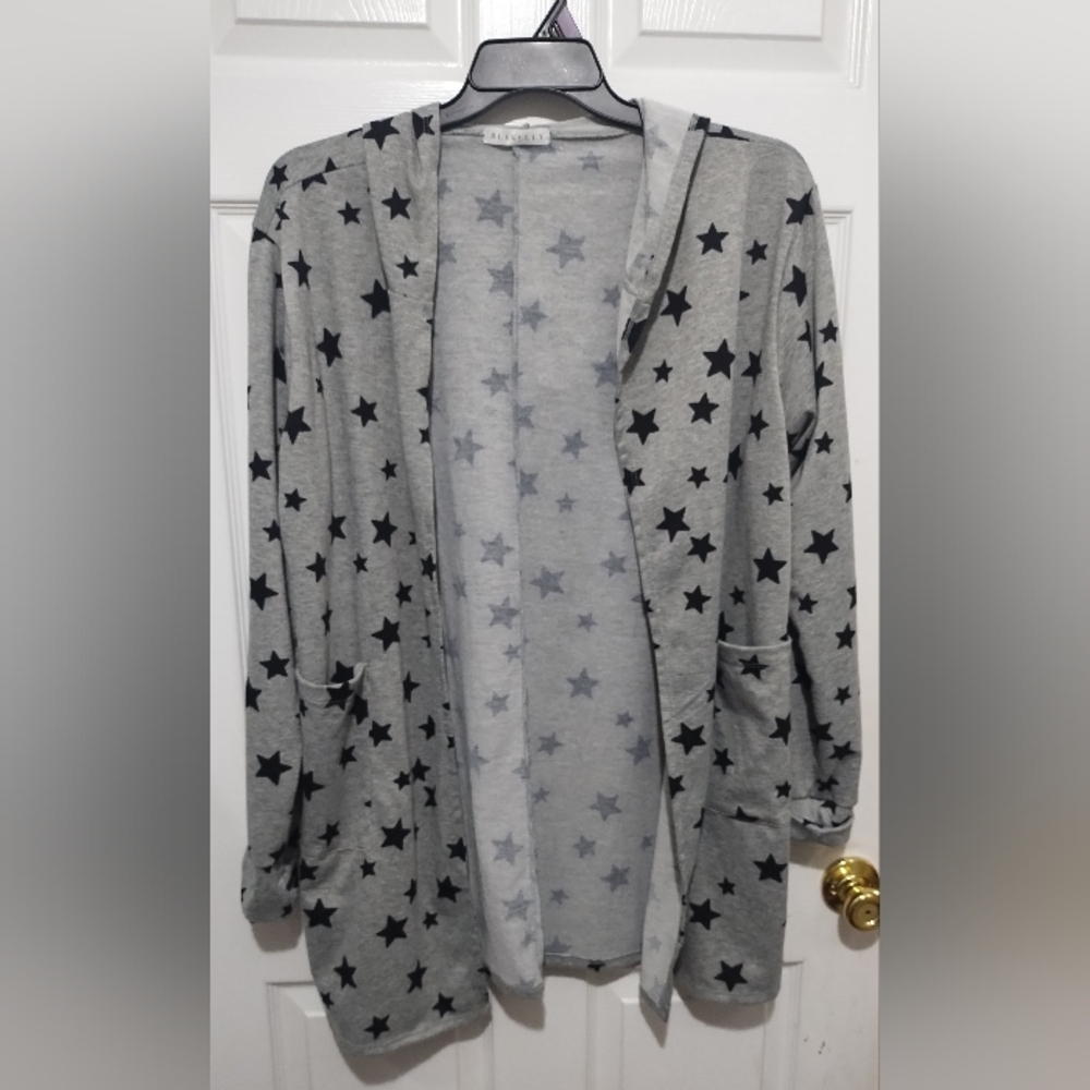 Blakeley Women's Open Front Hooded Jacket/Cardigan - Grey with Black Stars